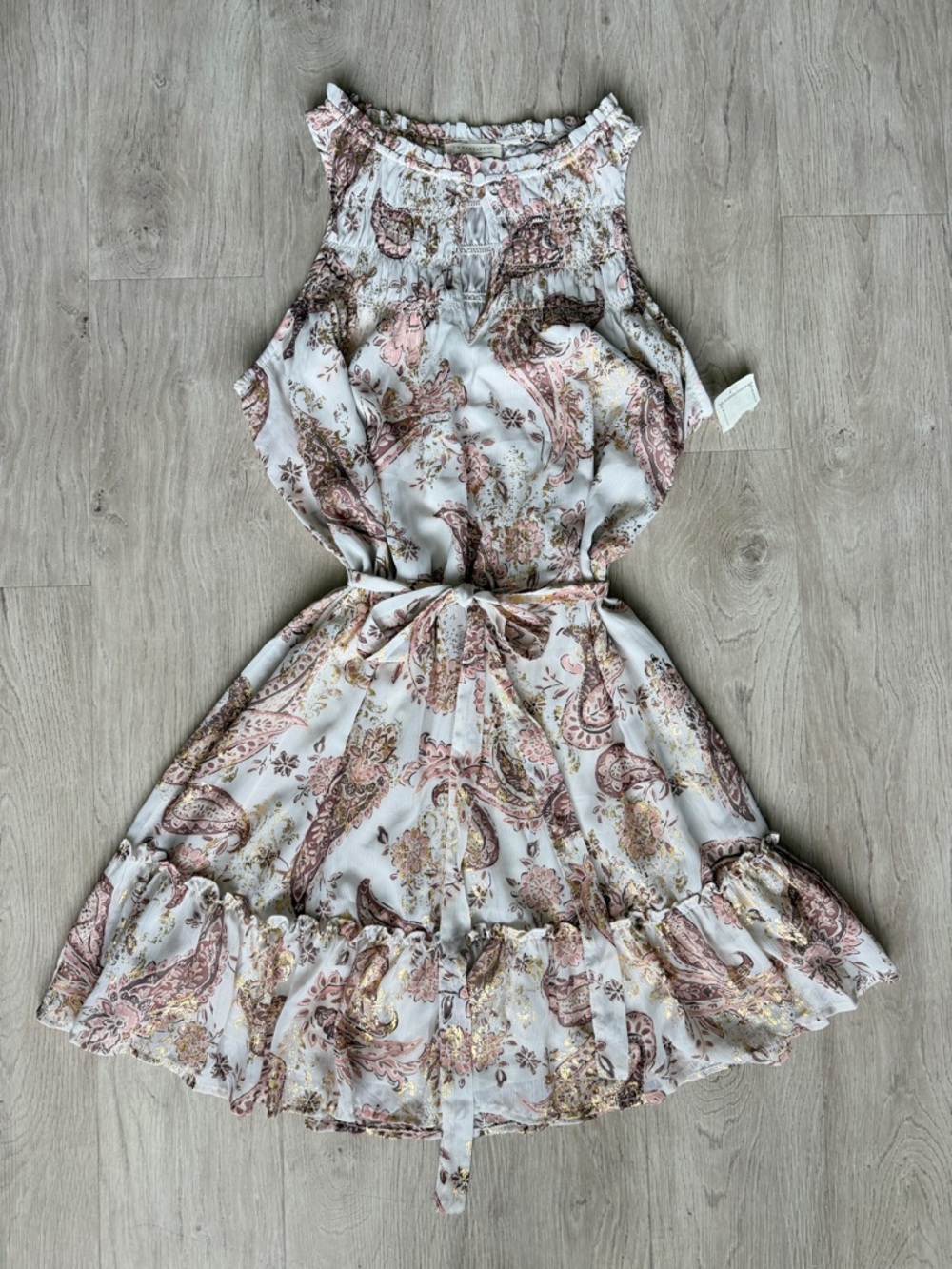 NWT Metallic Gold Pink Paisley Smocked Halter Mini Dress Ruffle Hem Size L